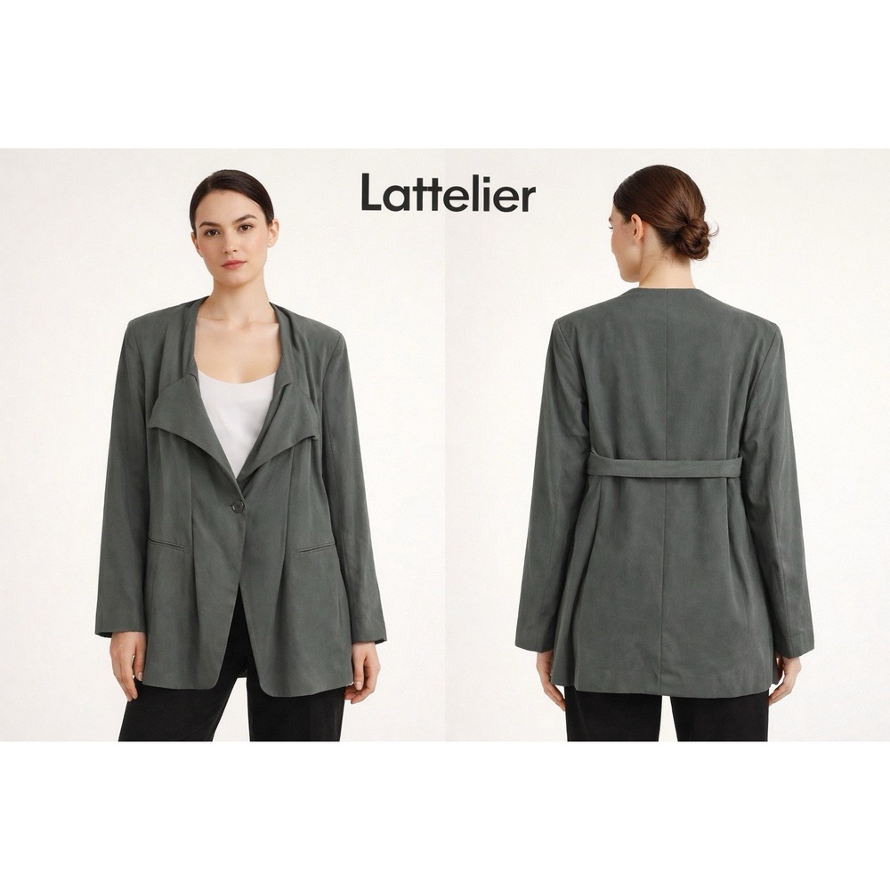 Lattelier Gray Linen Cotton Blend Draped Blazer Longline‎ Sz L Scandi inspired